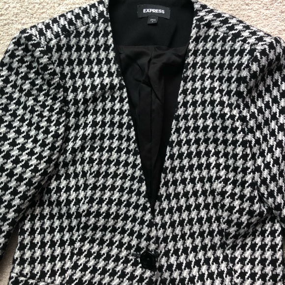 Express Black White Gray Tweed Jacket Blazer Woven Wool Blend 1 Button Jacquard - Picture 5 of 16
